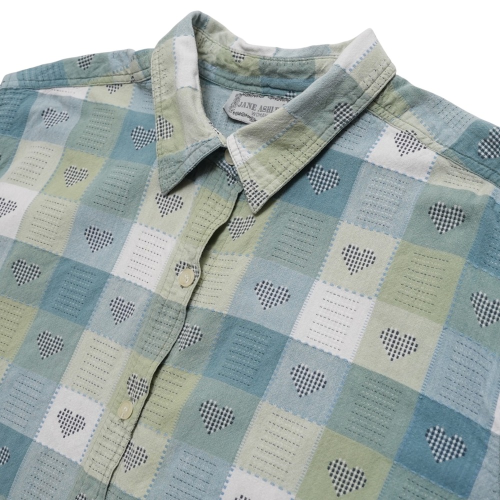 Jane Ashley Short Sleeve Button Up Womens 2X Blue Green Heart Patchwork Cotton